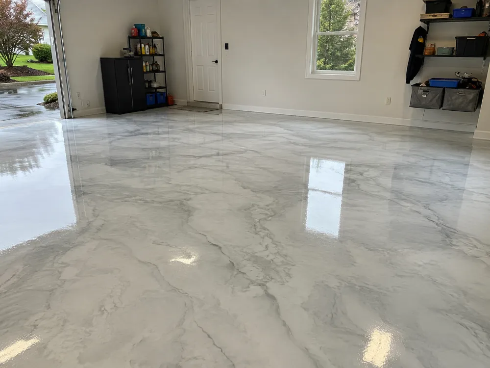 Metallic epoxy floor with swirling finish