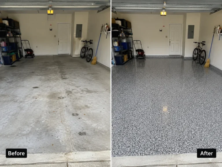 Before and after epoxy floor coating by Prime Coat Floors in Joplin, MO