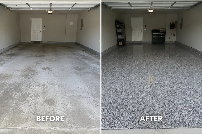 Garage floor before and after professional epoxy coating by Prime Coat Floors in Joplin, MO